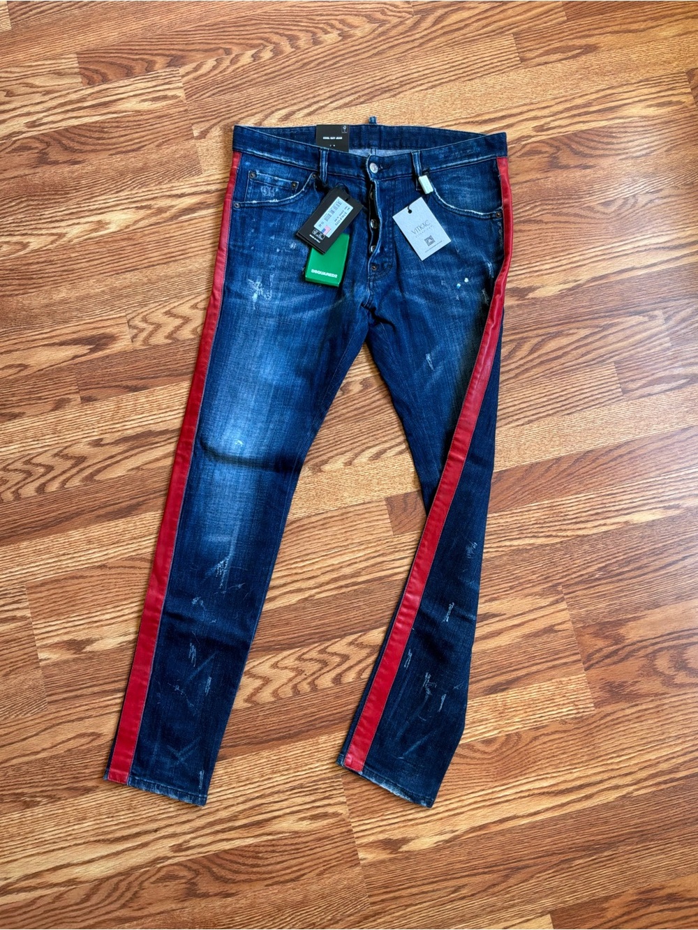 Dsquared2 Men's Dark Blue Denim Jeans with Red Side Stripe